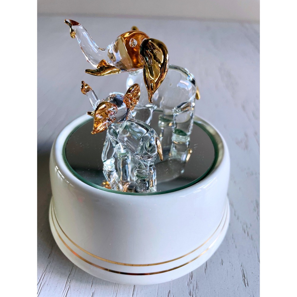 Vtg Glass Elephant Family Music Box White Gold Tone Mirror Base Plays Tune - Picture 3 of 9